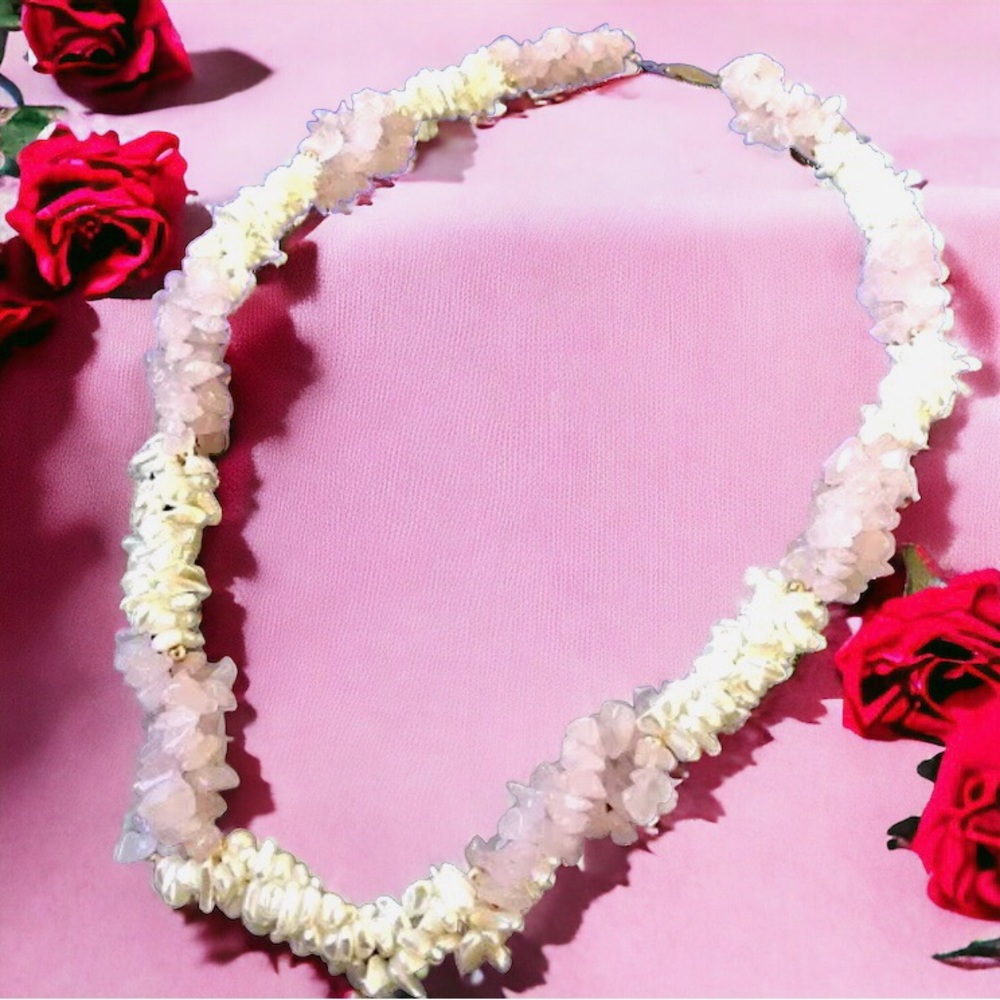 Vintage Necklace Freshwater Pearl + Rose Quartz Triple Multi-Strand Twis… - Picture 8 of 15
